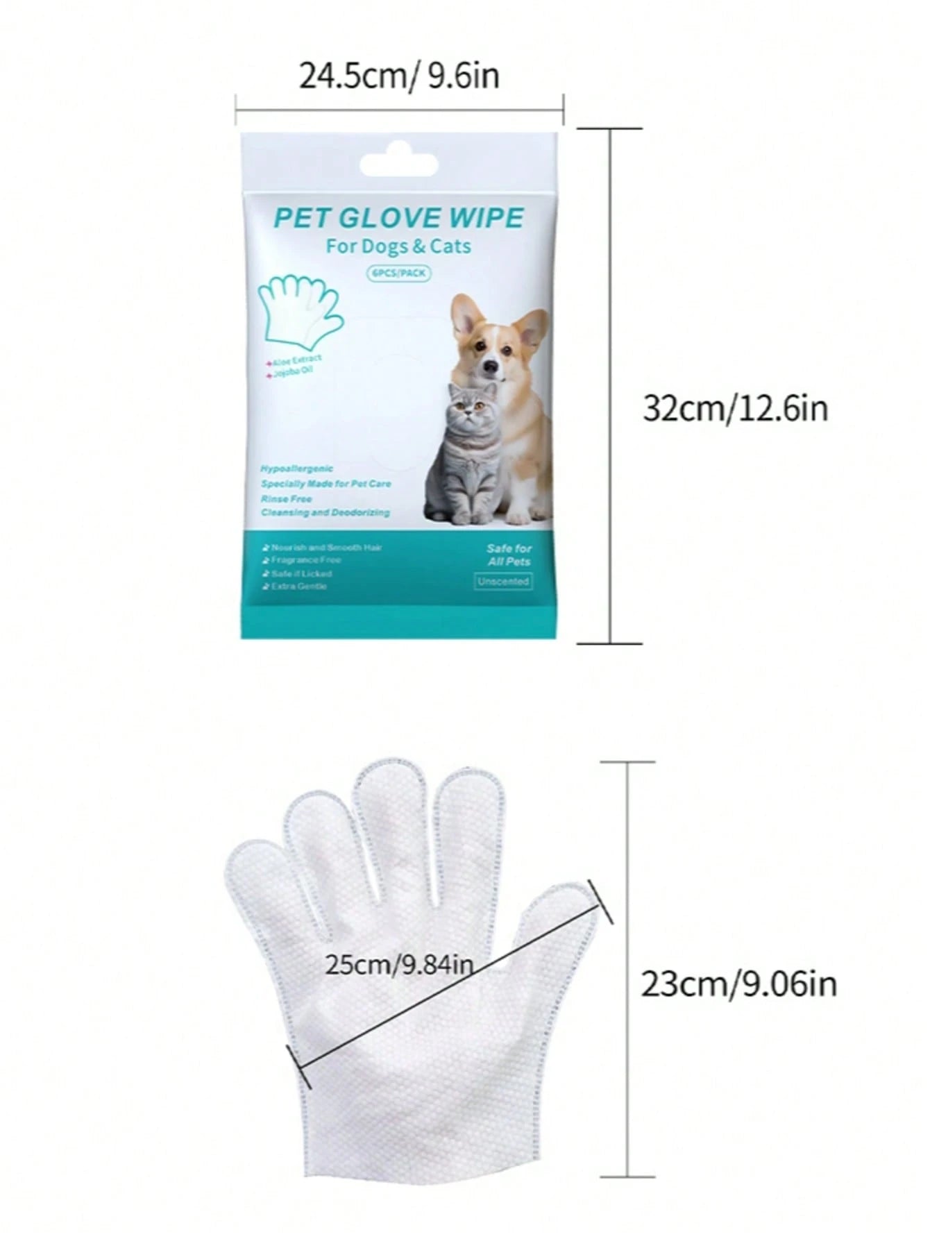 Pet Grooming Wipes Gloves | No-Rinse Cleaning for Cats & Dogs (6 pieces per pack)