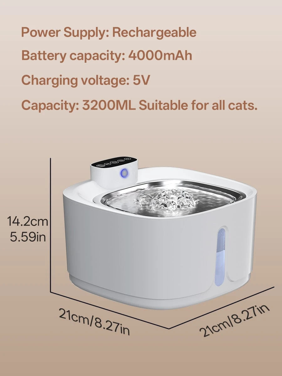 3.2L Wireless Cat Water Fountain with Motion Sensor & Rechargeable Battery