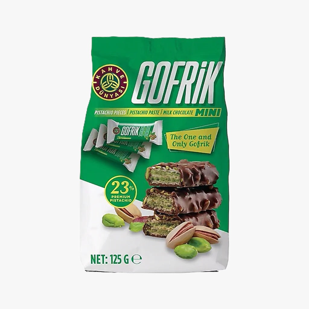 Gofrik Mini Pistachio tablet covered with milk choco bag 125grs*12pcs