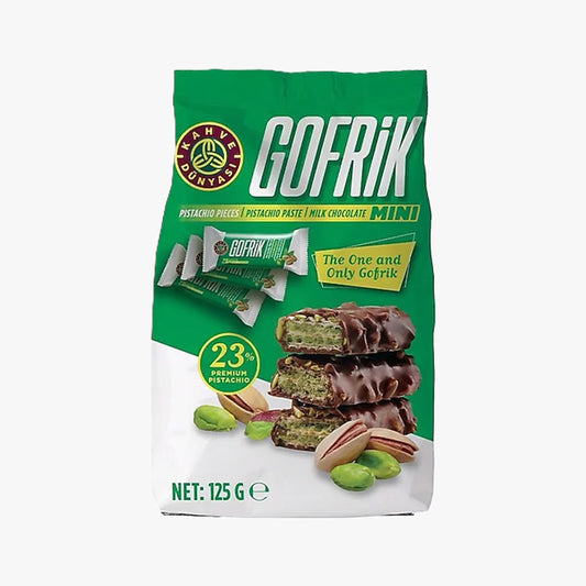 Gofrik Mini Pistachio tablet covered with milk choco bag 125grs*12pcs