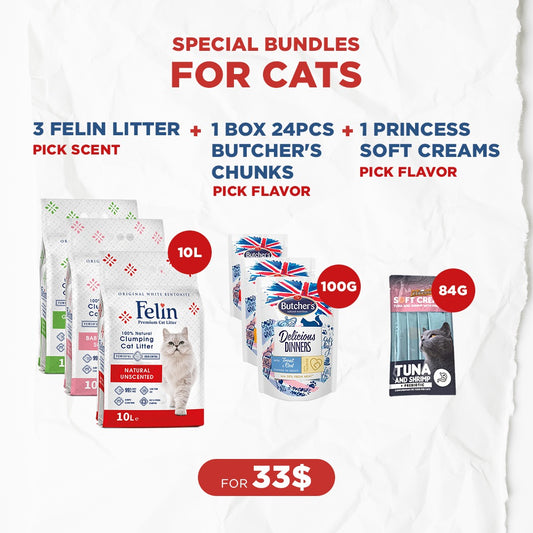 Cat Bundle Offer: 3 Felin Cat Litter (10L) + 24 Butcher's Delicious Dinners (100g) + 1 Princess Soft Creams (84g)