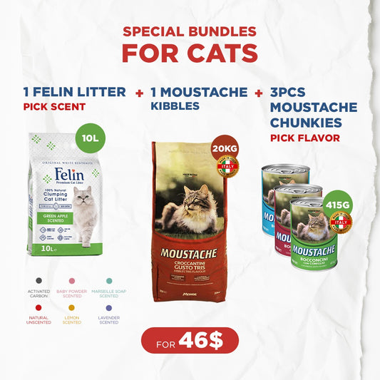 Cat Bundle Offer: 1 Felin Cat Litter (10L) + 1 Moustache Kibbles (20kg) + 3 Moustache Chunkies (415g)