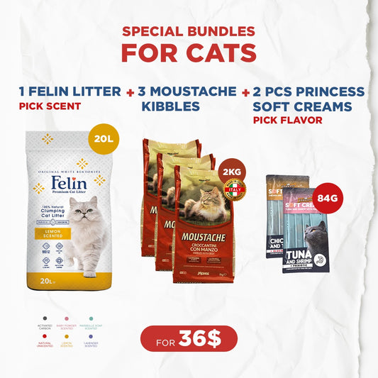 Cat Bundle Offer: 1 Felin Cat Litter (20L) + 3 Moustache Kibbles (2kg) + 2 Princess Soft Creams (84g)