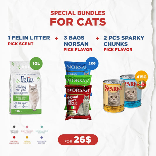 Cat Bundle Offer: 1 Felin Cat Litter (10L) + 3 Norsan Dry Food (2kg)  + 2 Sparky Chunks (415g)