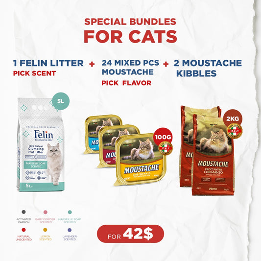 Cat Bundle Offer: 1 Felin Cat Litter (5L) + 24 Moustache Paté (100g) + 2 Moustache Kibbles (2kg)