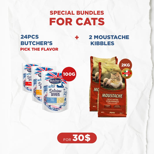 Cat Bundle Offer: 24 Butcher's Delicious Dinners (100g) + 2 Moustache Kibbles (2kg)