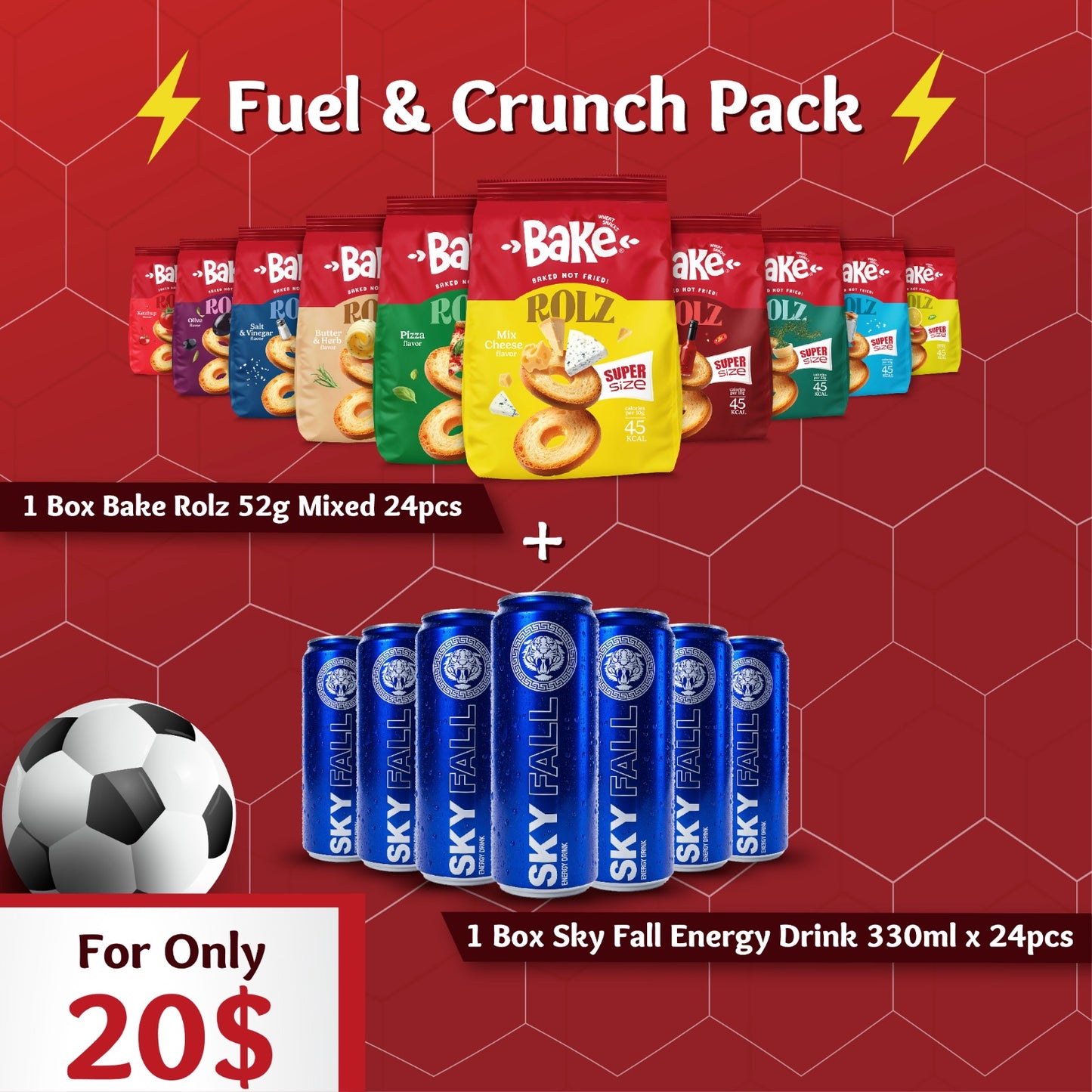 Fuel & Crunch World Cup Bundle: Bake Rolz + Skyfall Energy Drink