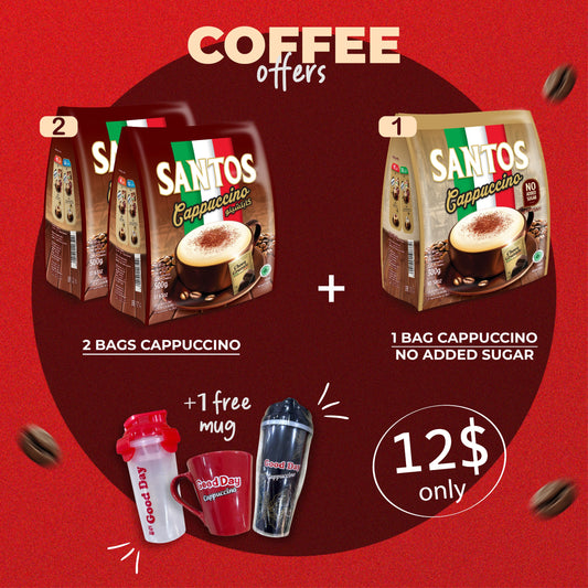 Coffee Bundle Offer: 2 Bags Santos Cappuccino With Sugar + 1 Bag Santos Cappuccino No added Sugar + Mug