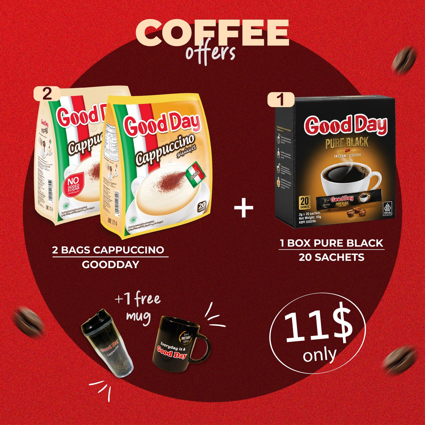 Coffee Bundle Offer: 2 Bags Good Day Cappuccino + 1 box Good Day Pure Black + Mug