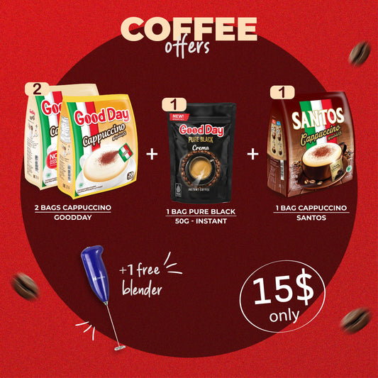 Coffee Bundle Offer: 2 Bags Good Day Cappuccino + 1 bag Good Day Pure Black + 1 Bag Santos Cappuccino + Blender