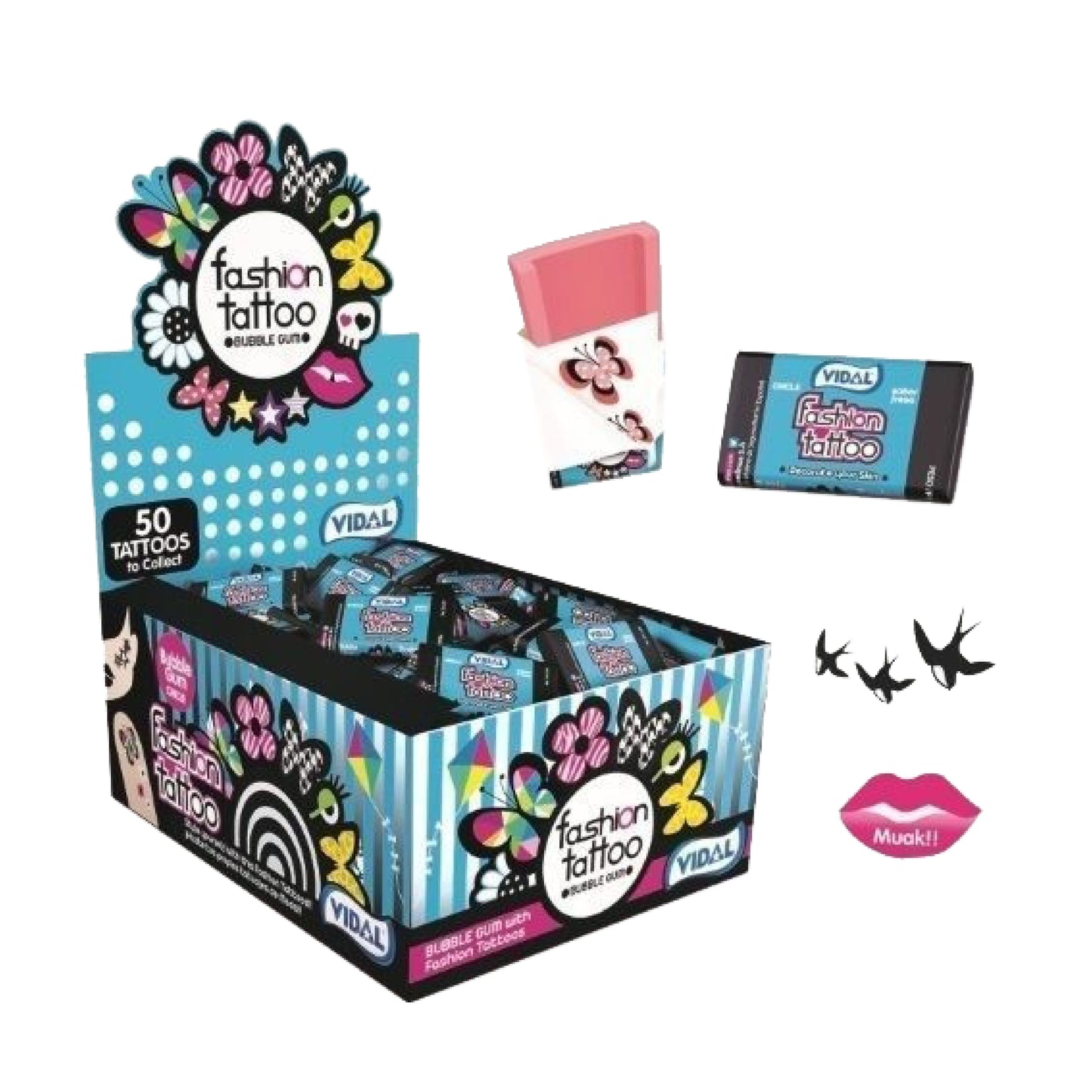 VIDAL Fashion Tattoo:  strawberry flavored  Bubble Gum with temporary tattoo (3.5g) - 200 Pieces per box