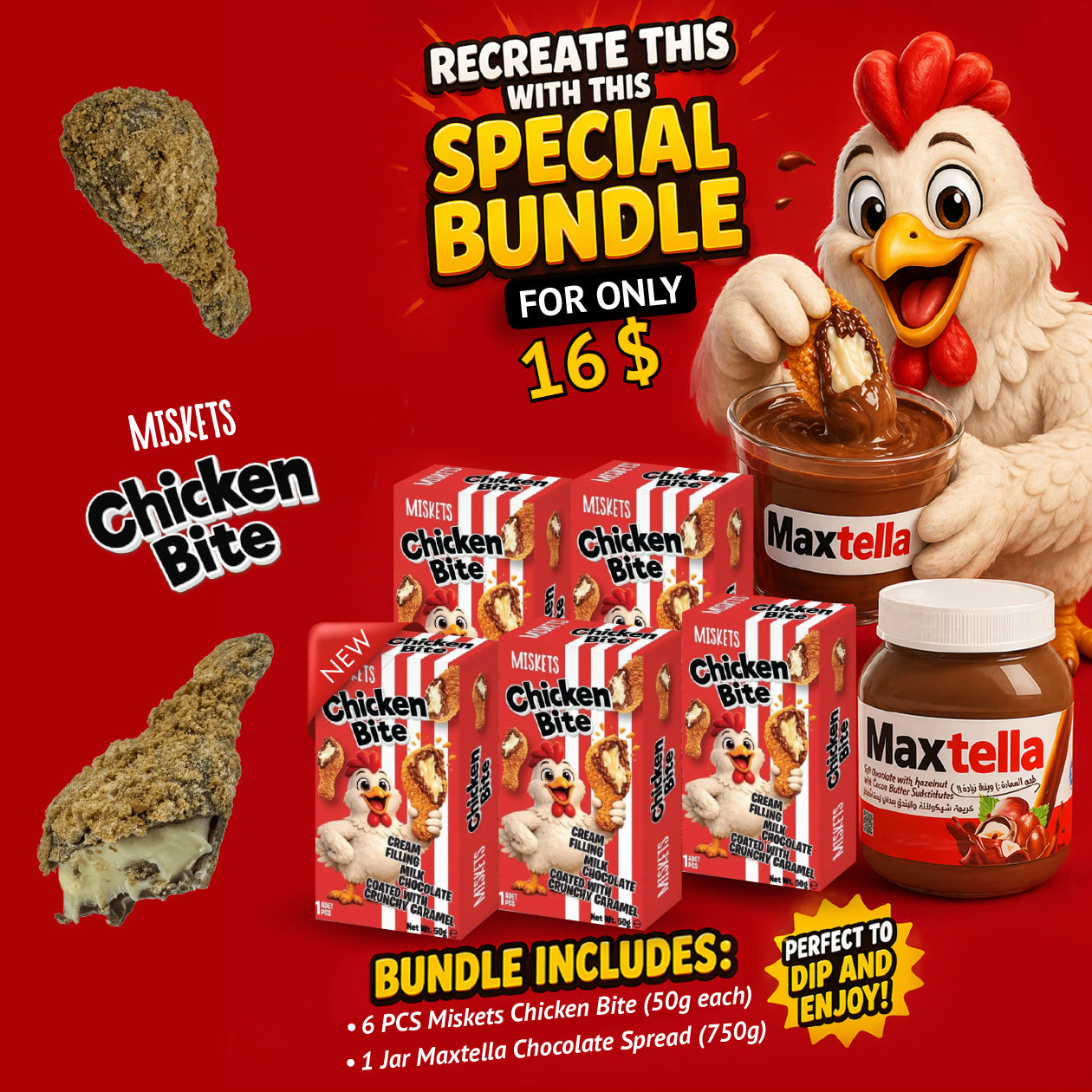Miskets Bundle Offer: 6 Miskets Chicken Bites (50g) + 1 Jar Maxtella Chocolate Spread (750g)