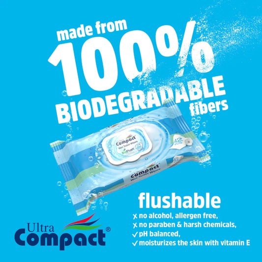 Ultra Compact Flushable Toilet Wet Wipes - 42 Sheets